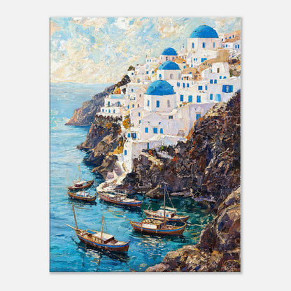 Santorini Cliffside Village & Boats Impressionist Art Print