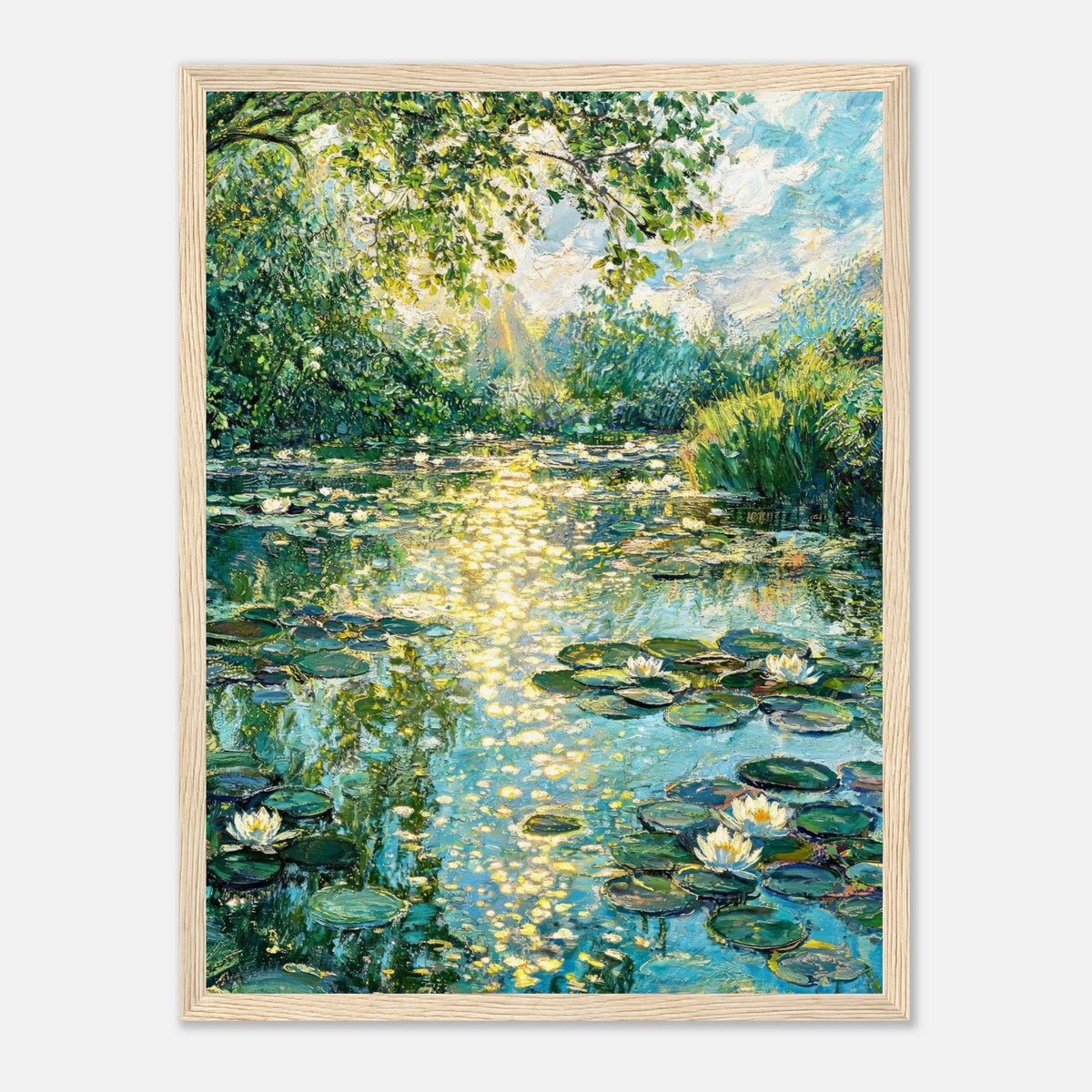 Sunlit Water Lilies & Shimmering Pond Impressionist Art Print