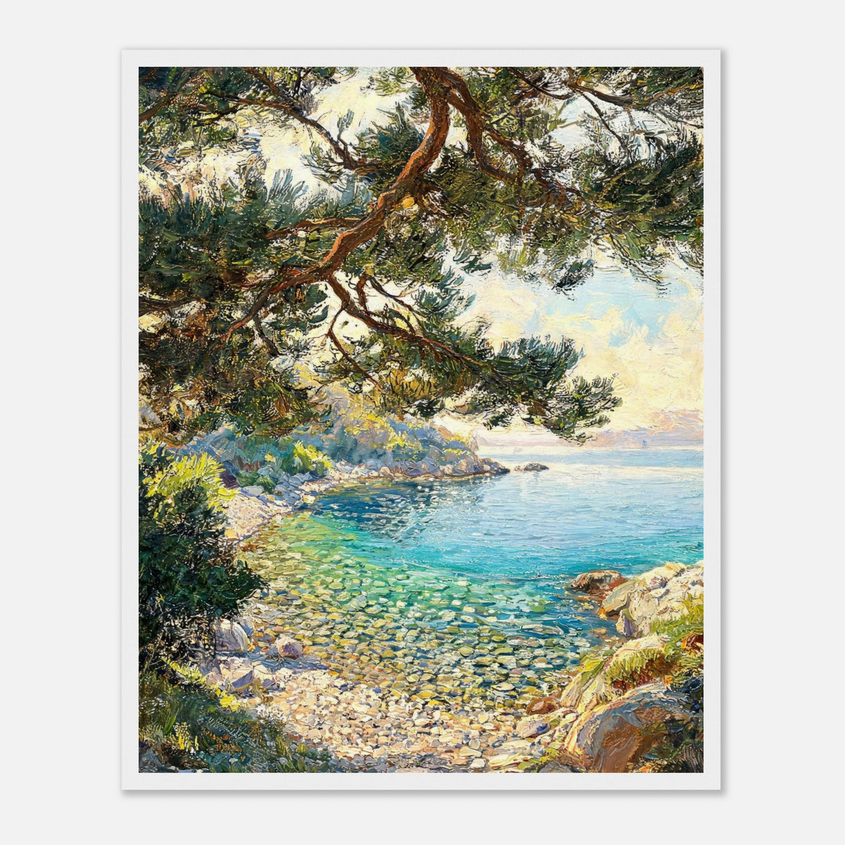 Framed Mediterranean Pine & Coastline Art Print | Vintage Seascape Wall Decor