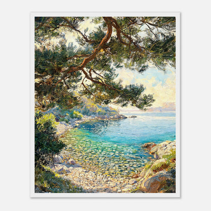 Framed Mediterranean Pine & Coastline Art Print | Vintage Seascape Wall Decor