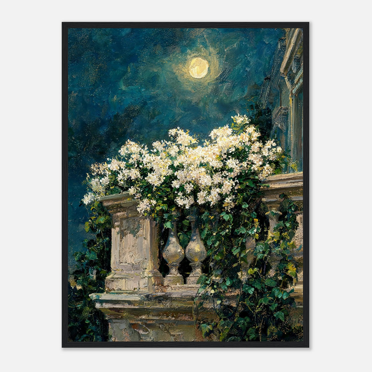Moonlit White Blossoms Balcony Impressionist Art Print