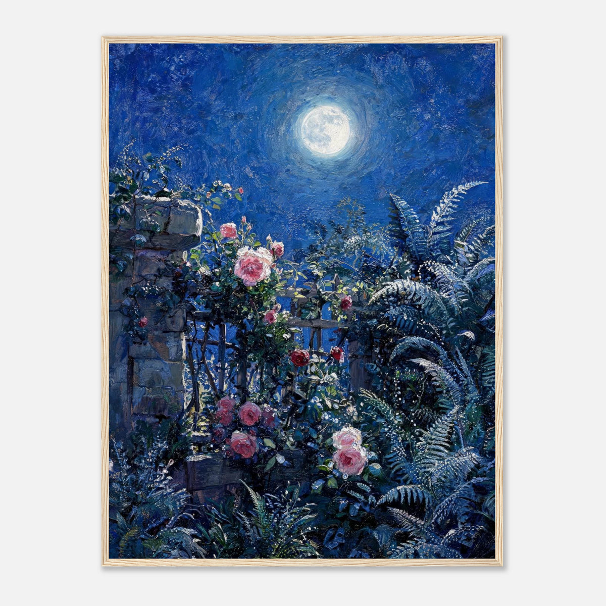 Moonlit Rose Garden and Stone Wall Impressionist Art Print