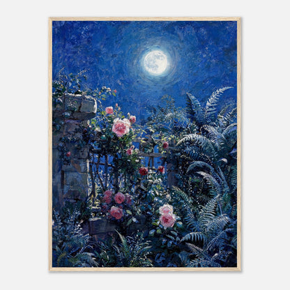 Moonlit Rose Garden and Stone Wall Impressionist Art Print