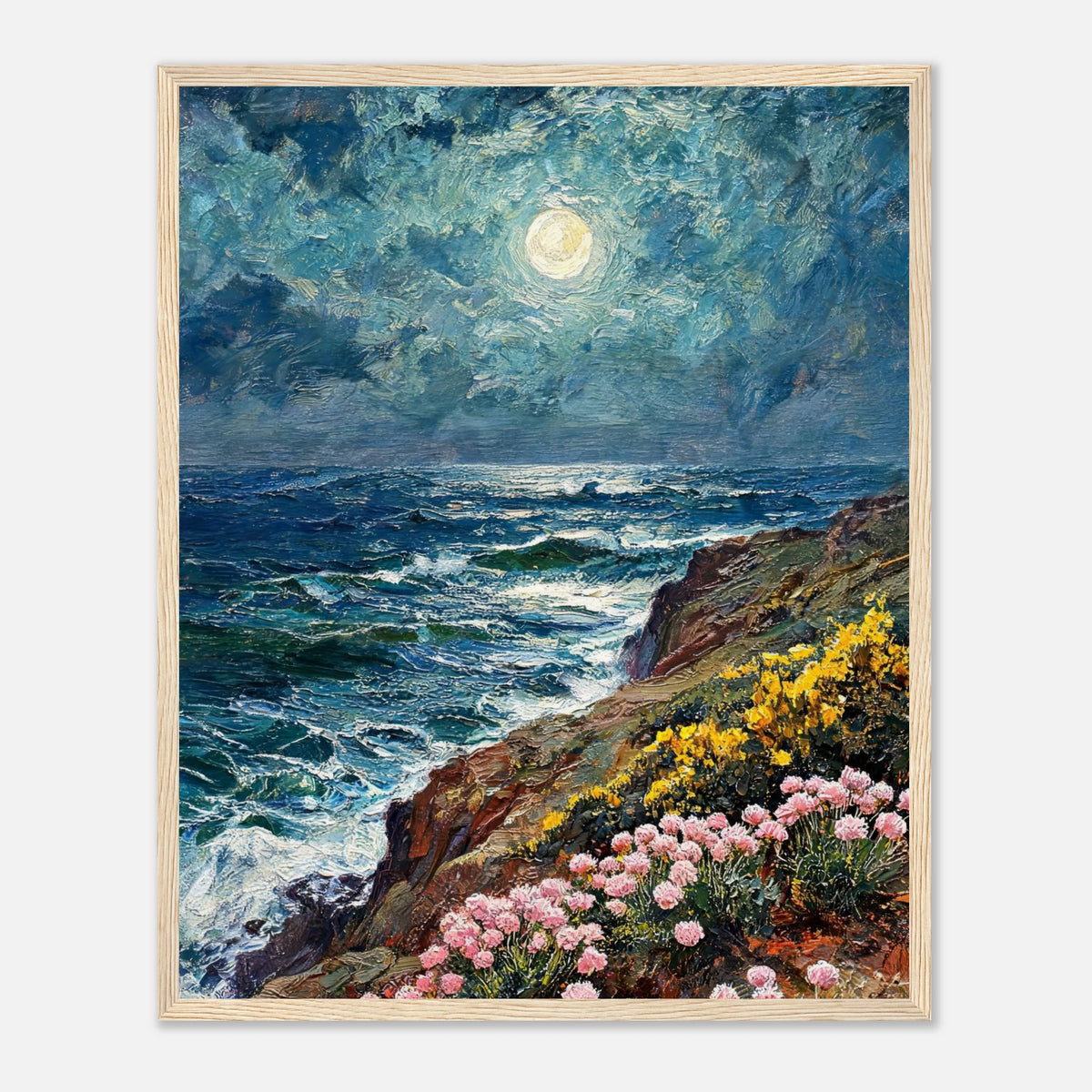 Moonlit Coastal Cliff Flowers Impressionist Art Print
