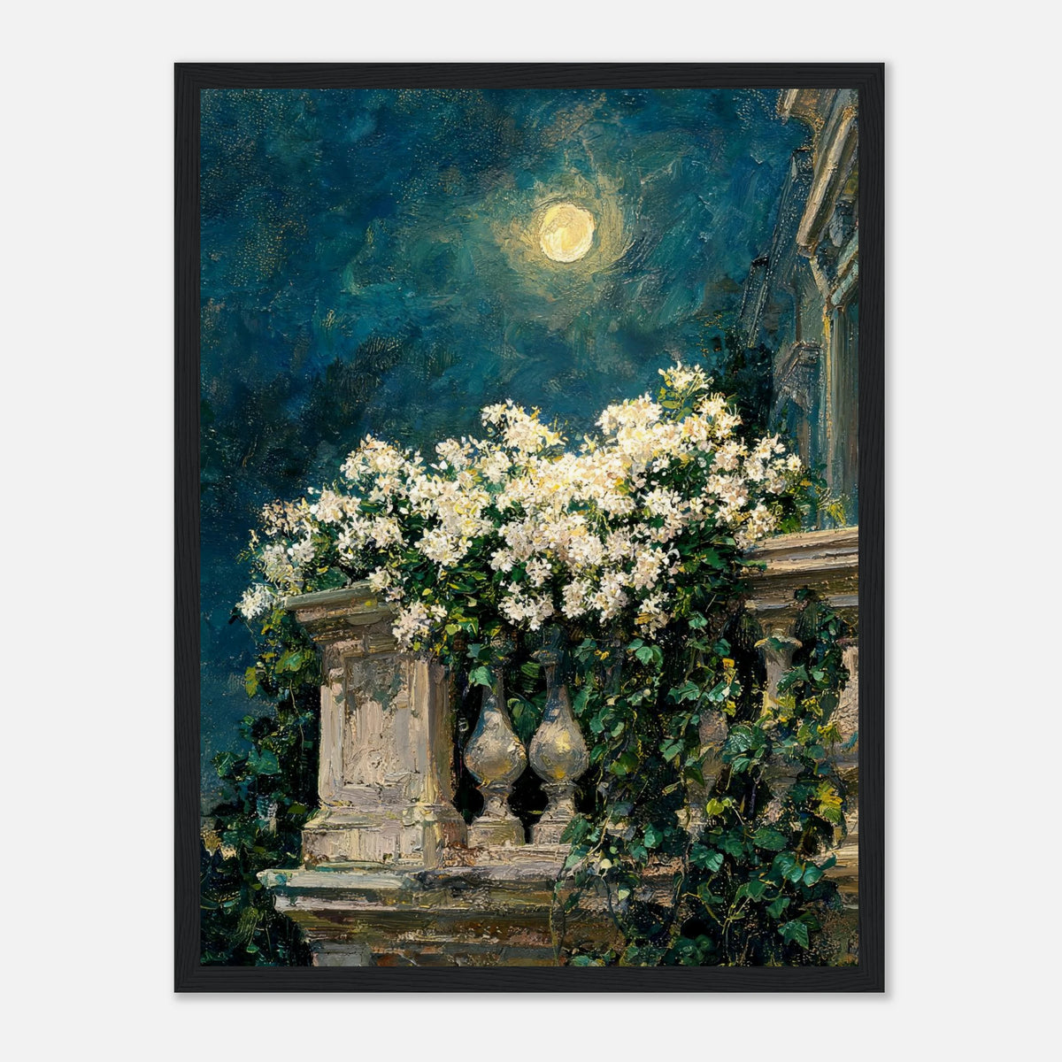 Moonlit White Blossoms Balcony Impressionist Art Print