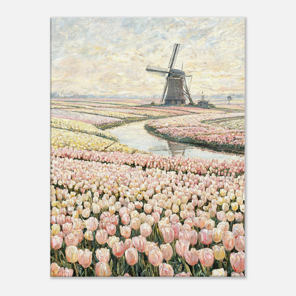 Dutch Tulip Fields & Windmill Impressionist Art Print