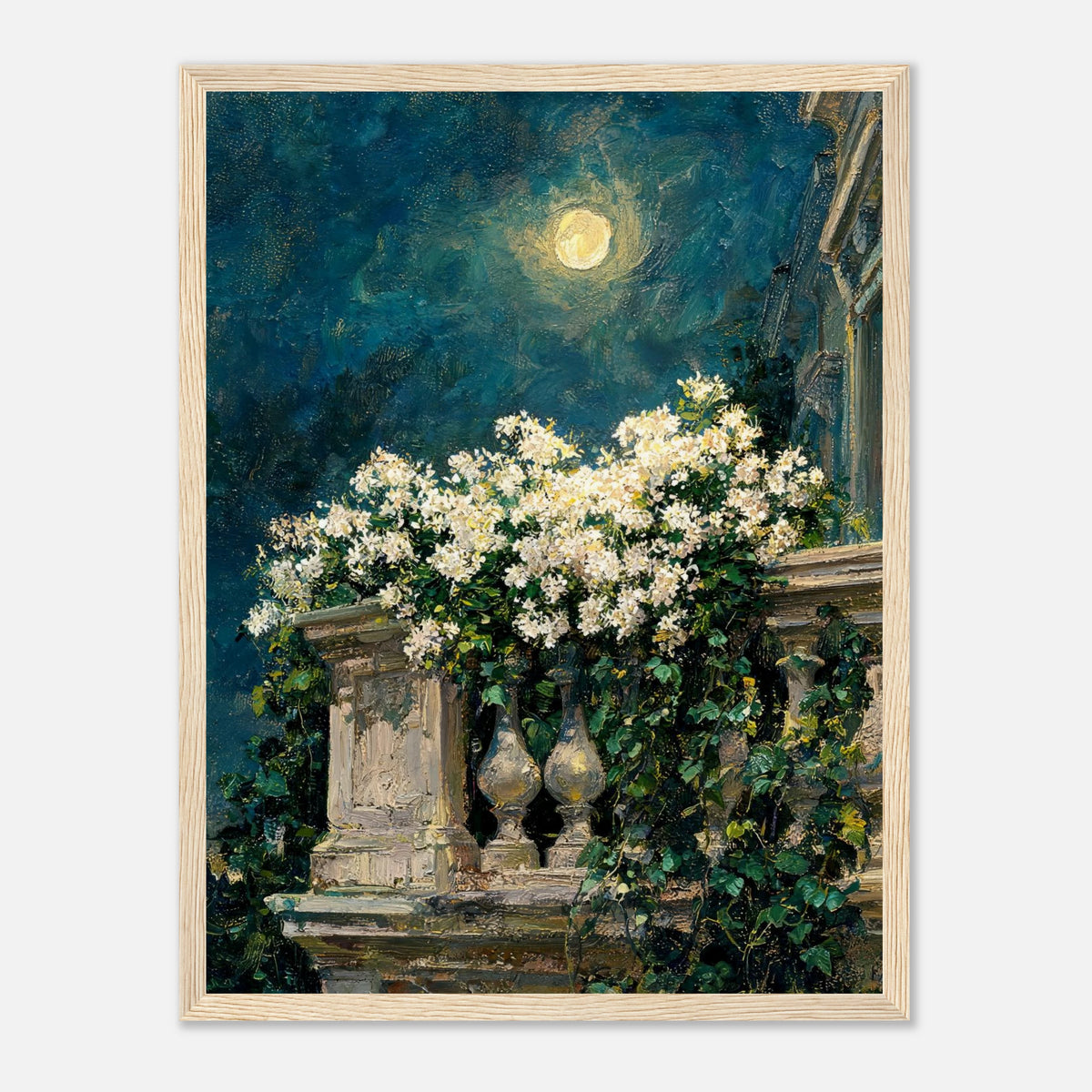 Moonlit White Blossoms Balcony Impressionist Art Print