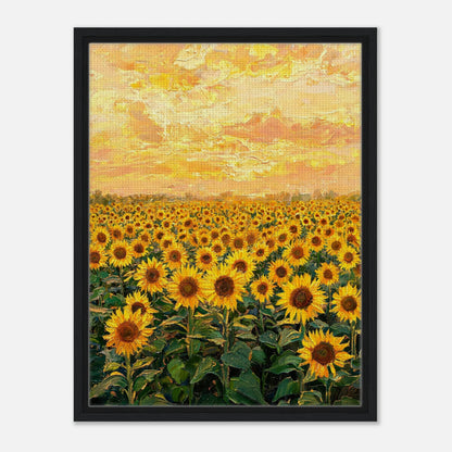 Impressionist art print from Vintstep depicting a vast field of blooming golden sunflowers under a warm, sunlit sunset sky with rich textured brushstrokes.
