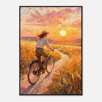 Cycling Through Golden Fields at Sunset Impressionist Art Print