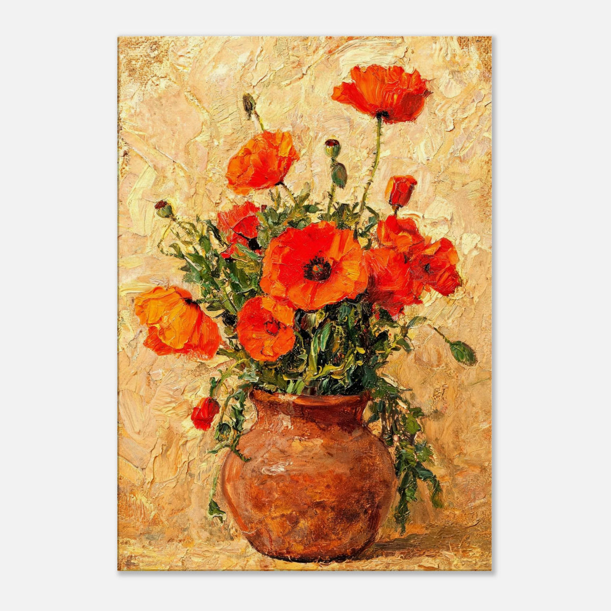 Vibrant Red Poppies in Terracotta Vase Impressionist Art Print