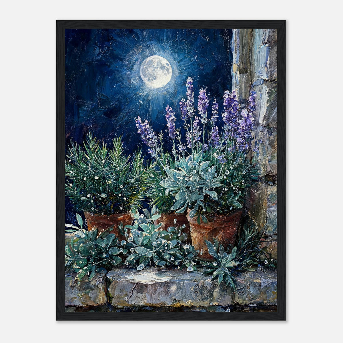 Moonlit Potted Lavender by Stone Window Impressionist Art Print