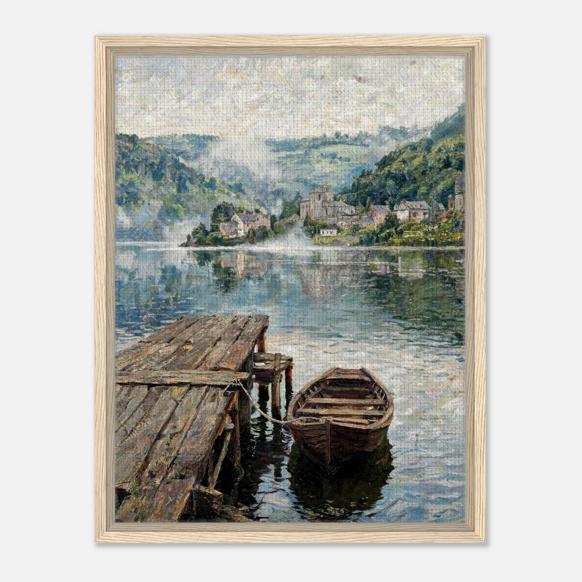 Misty Mountain Lake Wooden Boat Impressionist Art Print