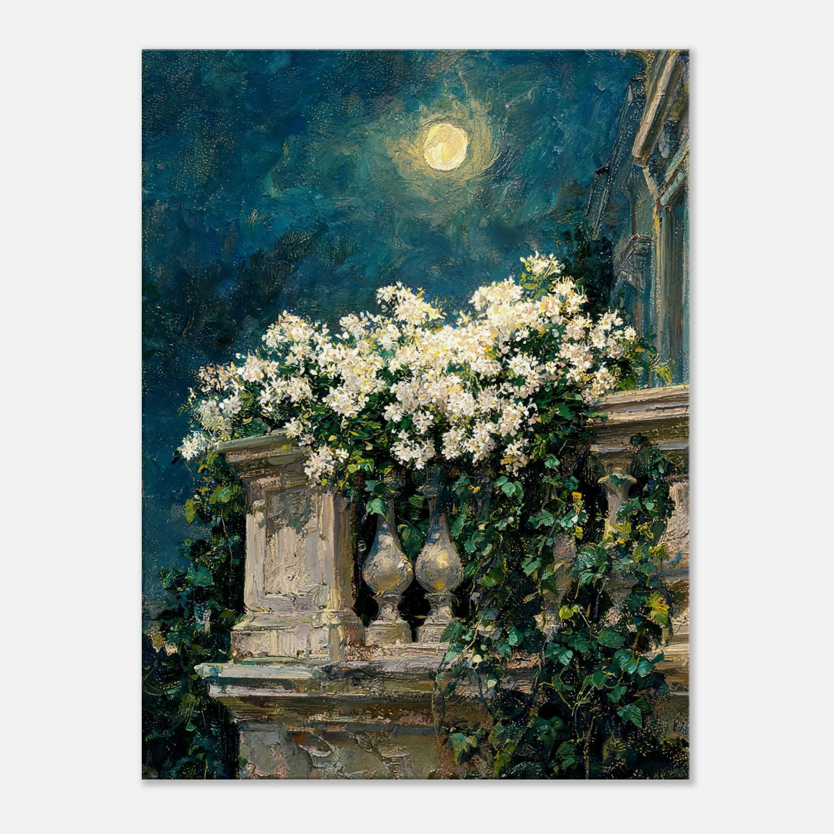Moonlit White Blossoms Balcony Impressionist Art Print