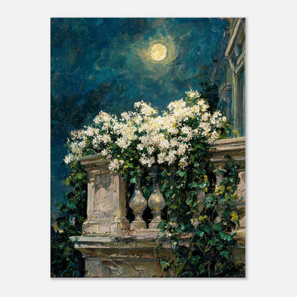 Moonlit White Blossoms Balcony Impressionist Art Print