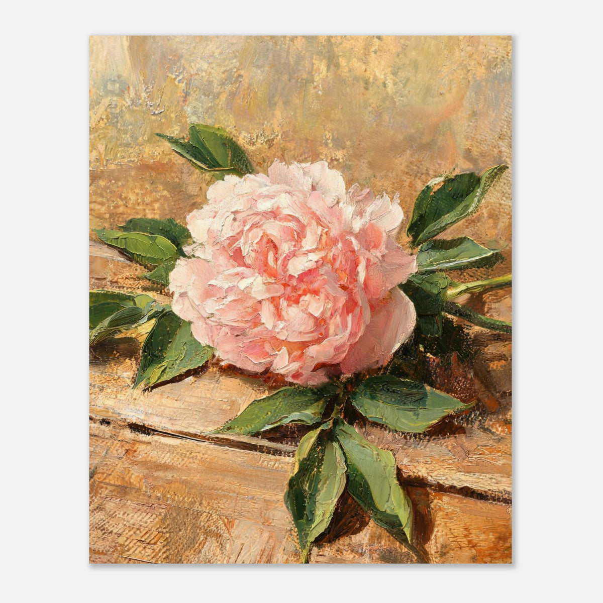 Single Pink Peony on Rustic Wood Impressionist Art Print