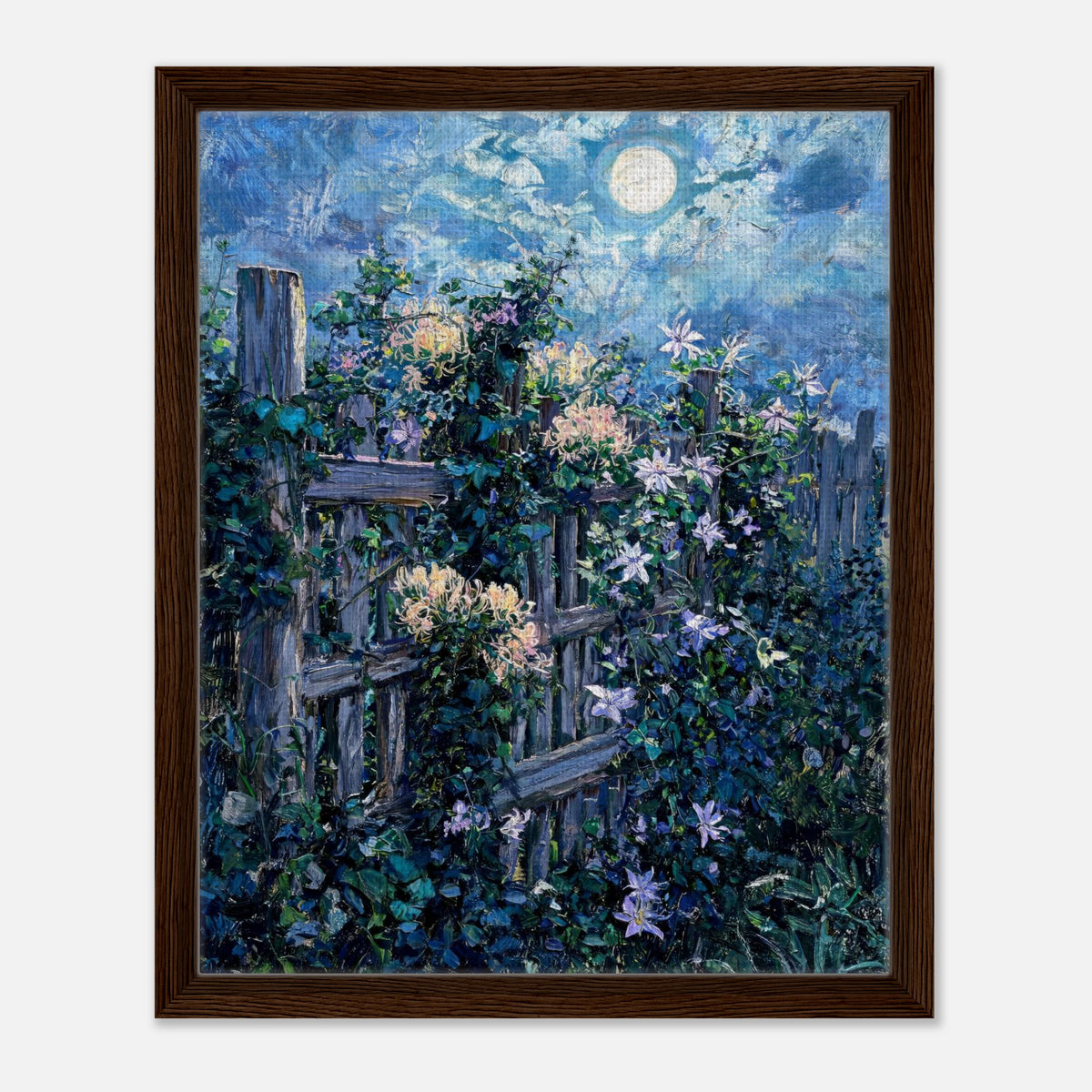 Moonlit Garden Fence Flowers Impressionist Art Print