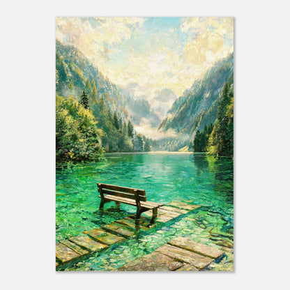 Mountain Lake Pier and Wooden Bench Impressionist Art Print