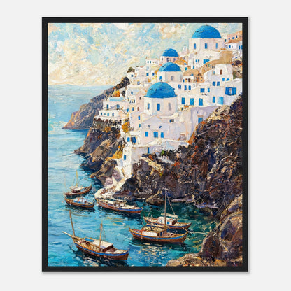 Santorini Cliffside Village & Boats Impressionist Art Print