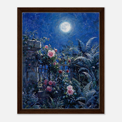 Moonlit Rose Garden and Stone Wall Impressionist Art Print