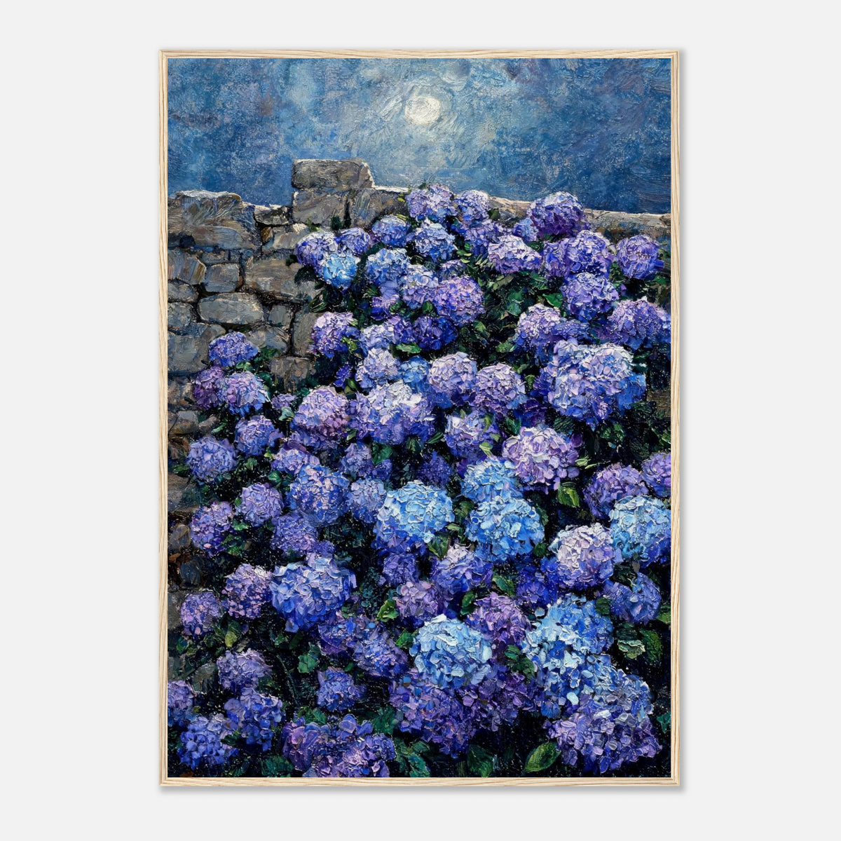 Moonlit Blue Hydrangeas by Stone Wall Impressionist Art Print