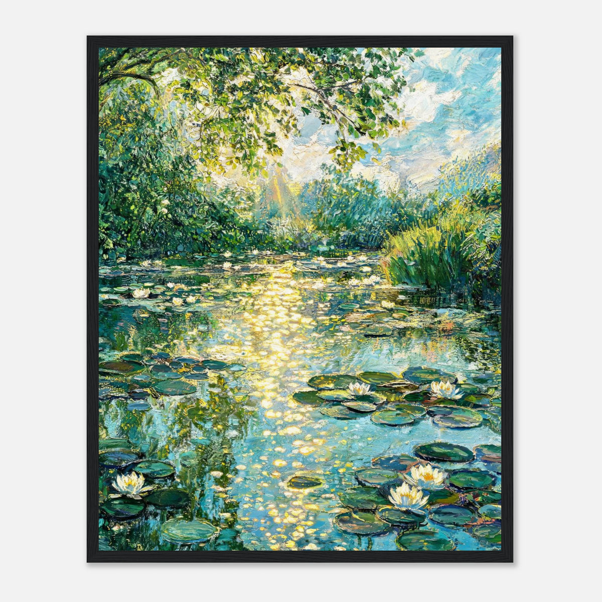 Sunlit Water Lilies & Shimmering Pond Impressionist Art Print