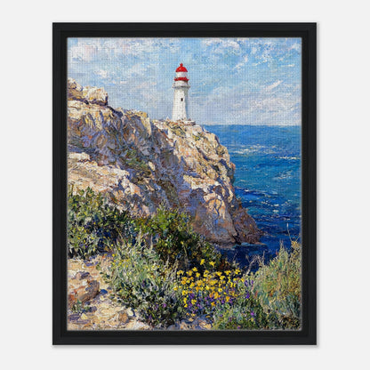 Framed Mediterranean Coastal Lighthouse & Cliff Canvas Wall Art