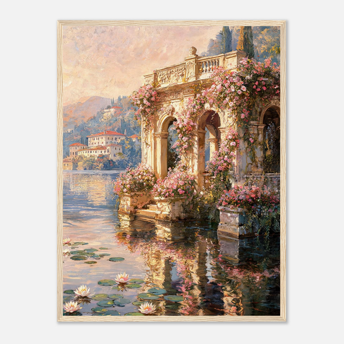 Sunlit Lakeside Villa & Roses Impressionist Art Print