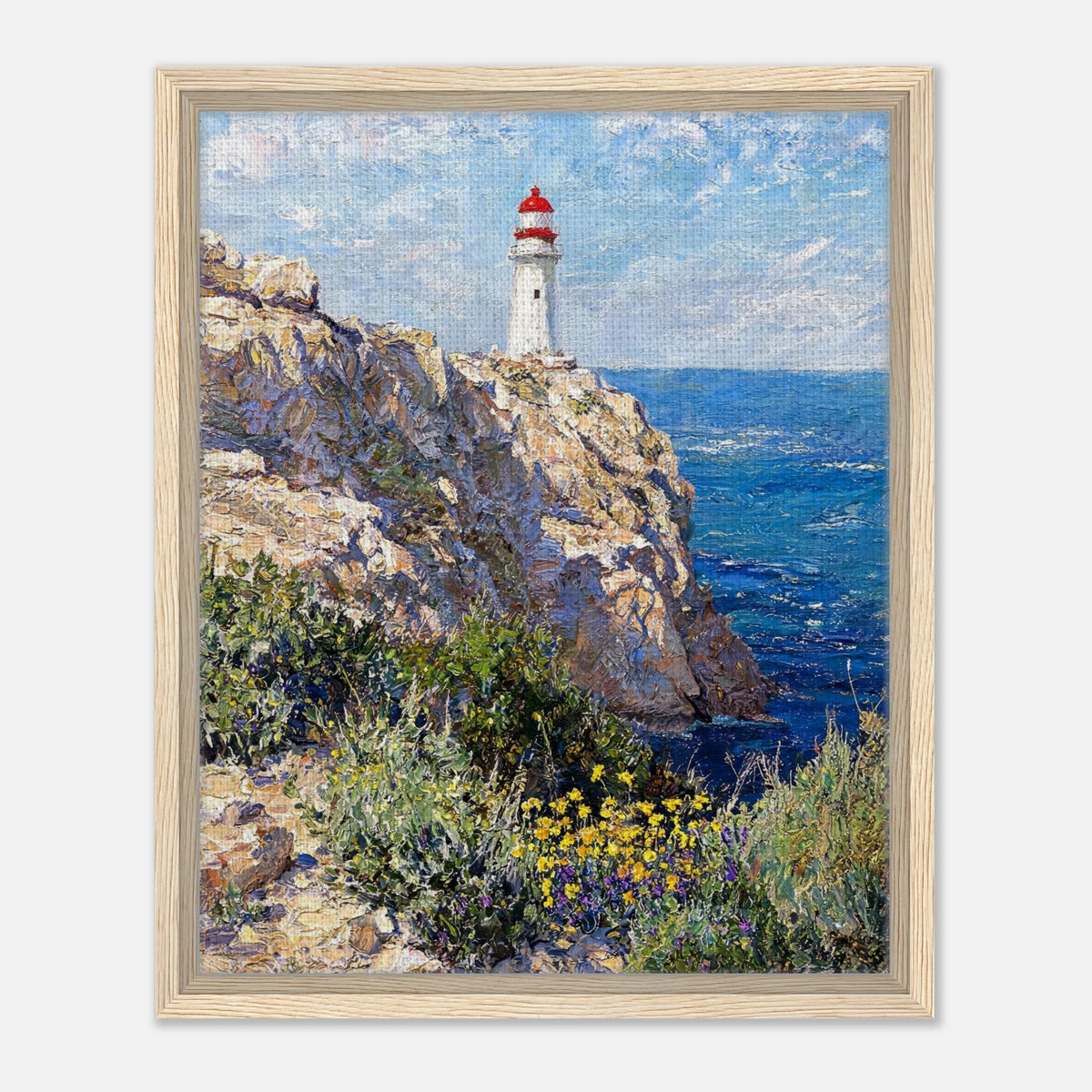 Framed Mediterranean Coastal Lighthouse & Cliff Canvas Wall Art