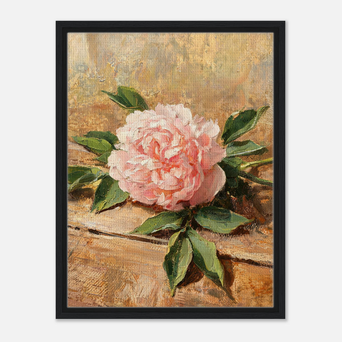 Impressionist art print from Vintstep depicting a single pink peony flower and green leaves resting on rustic wood with textured brushstrokes and warm lighting.