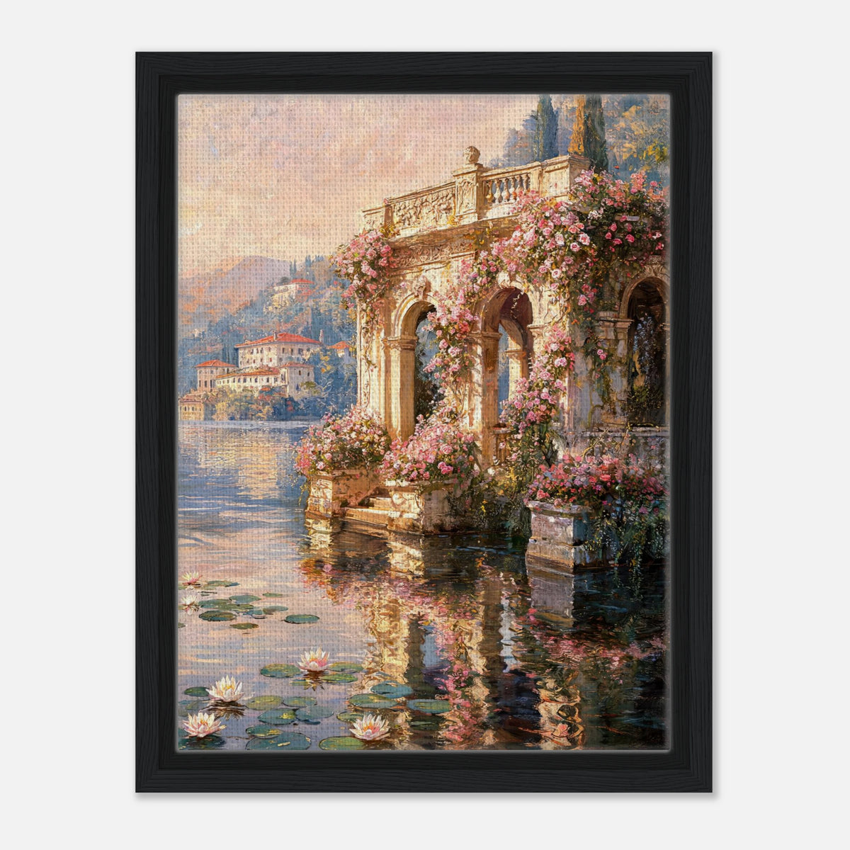 Sunlit Lakeside Villa & Roses Impressionist Art Print