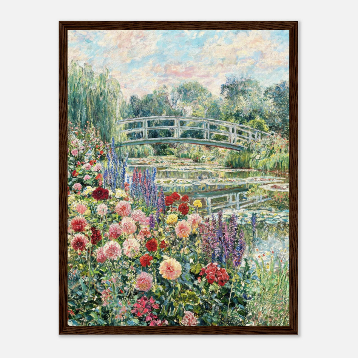 Blooming Summer Garden & Japanese Bridge Impressionist Art Print