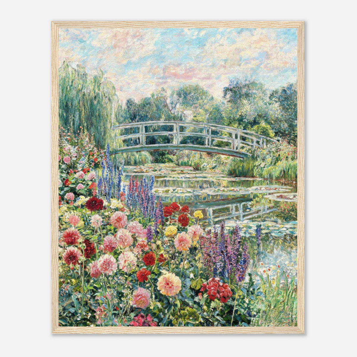 Blooming Summer Garden & Japanese Bridge Impressionist Art Print