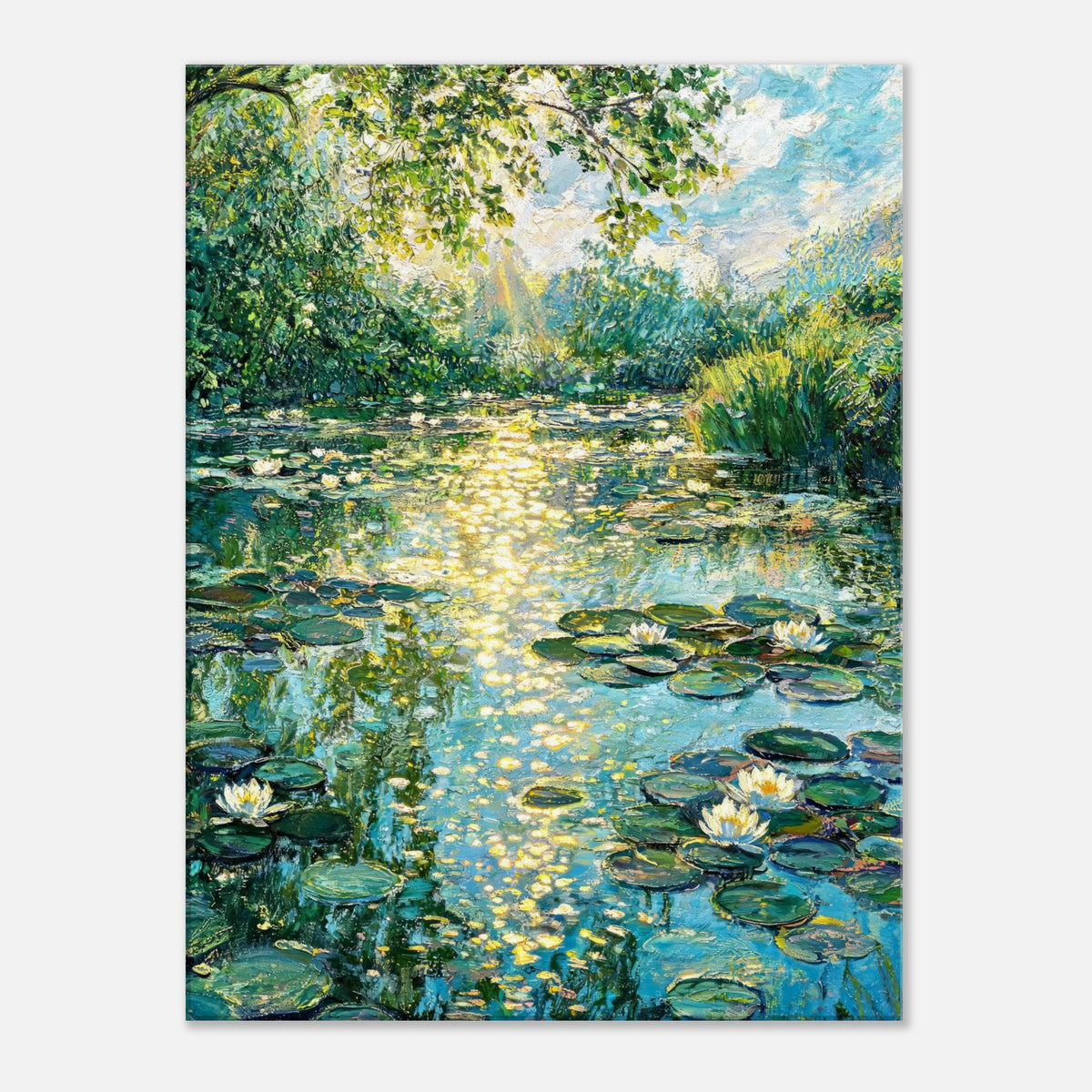 Sunlit Water Lilies & Shimmering Pond Impressionist Art Print
