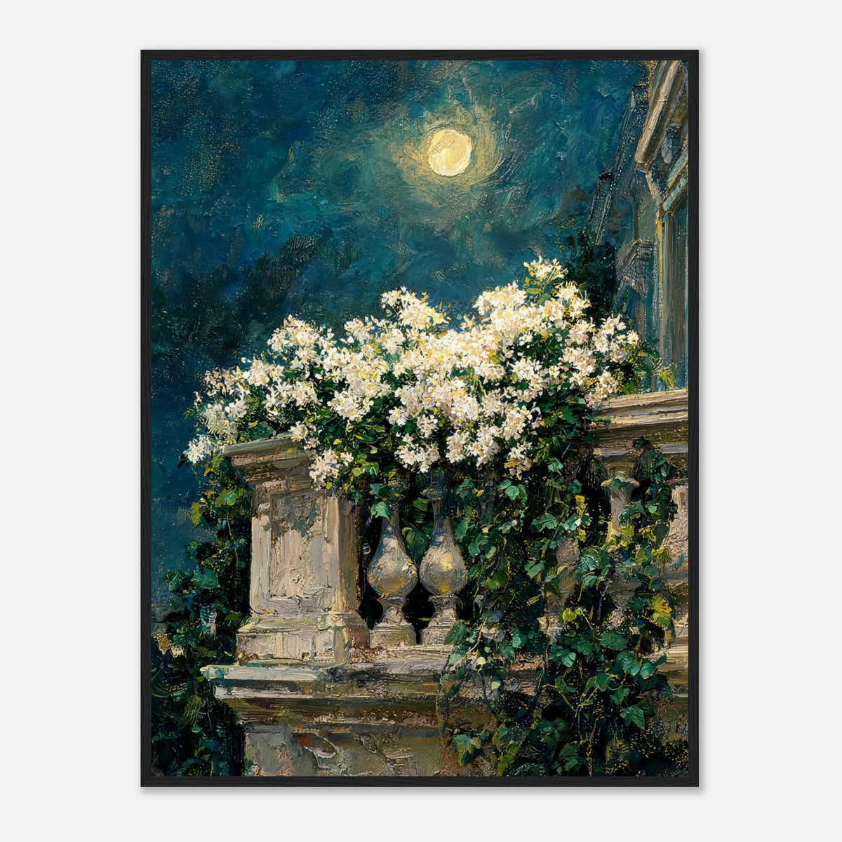 Moonlit White Blossoms Balcony Impressionist Art Print