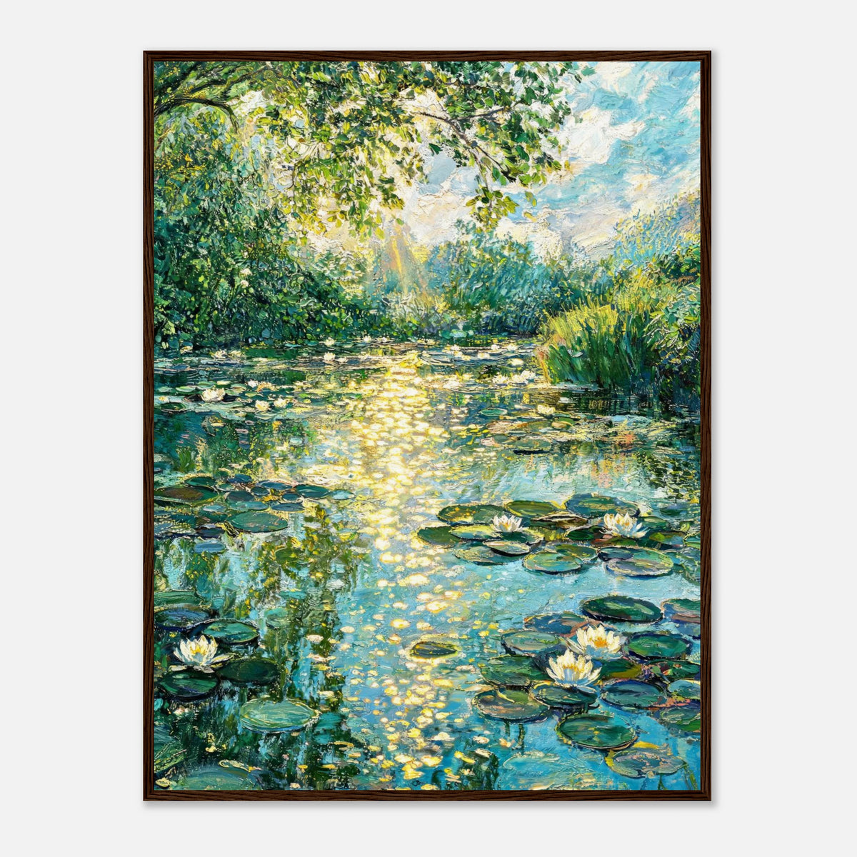 Sunlit Water Lilies & Shimmering Pond Impressionist Art Print