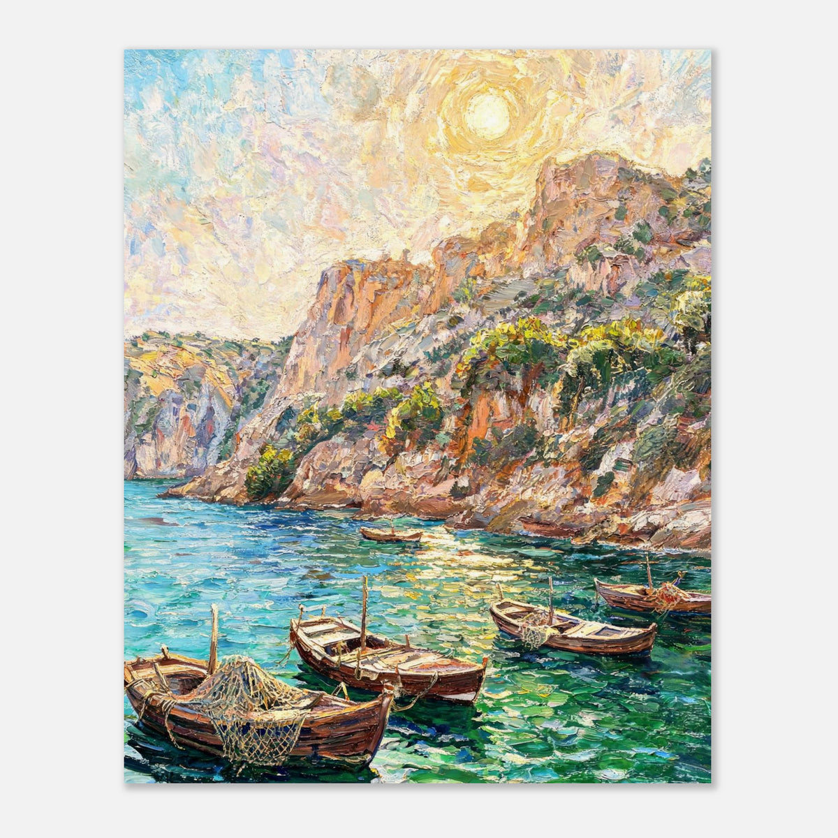 Mediterranean Coastal Cove Fishing Boats Impressionist Art Print