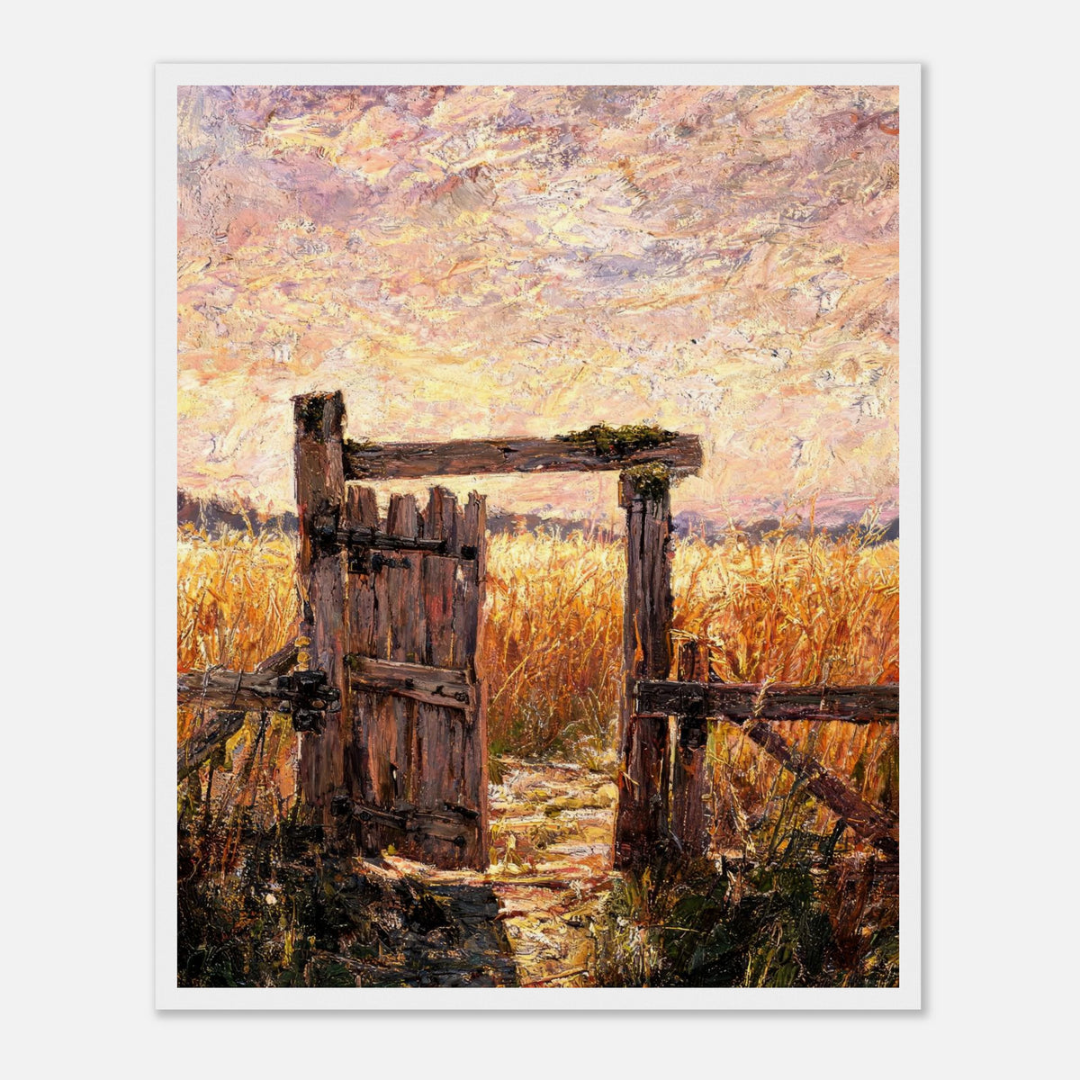Wooden framed fine art print featuring an impressionist oil painting of an old wooden gate and sunset fields. White wood frame.