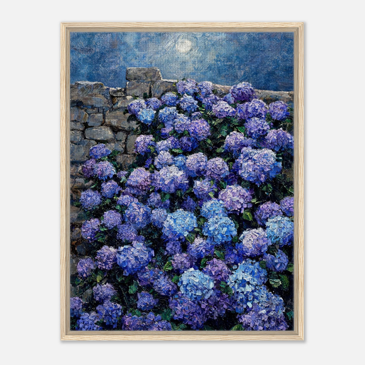 Moonlit Blue Hydrangeas by Stone Wall Impressionist Art Print