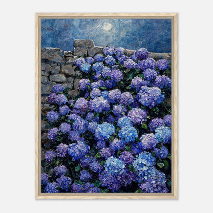 Moonlit Blue Hydrangeas by Stone Wall Impressionist Art Print