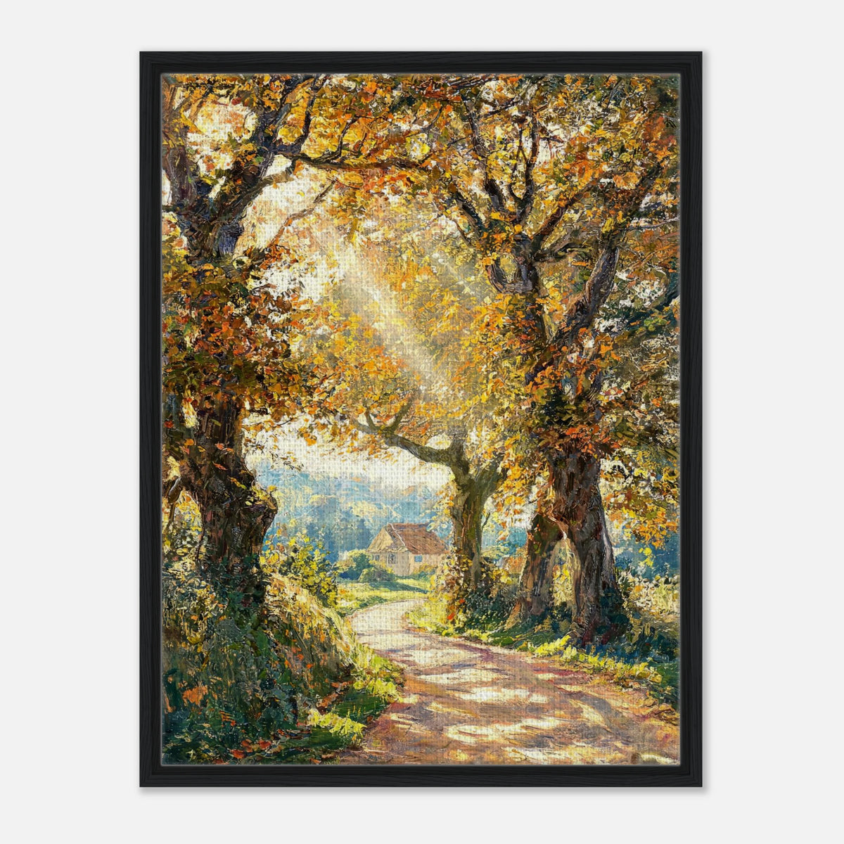Sunlit Autumn Forest Path Impressionist Art Print