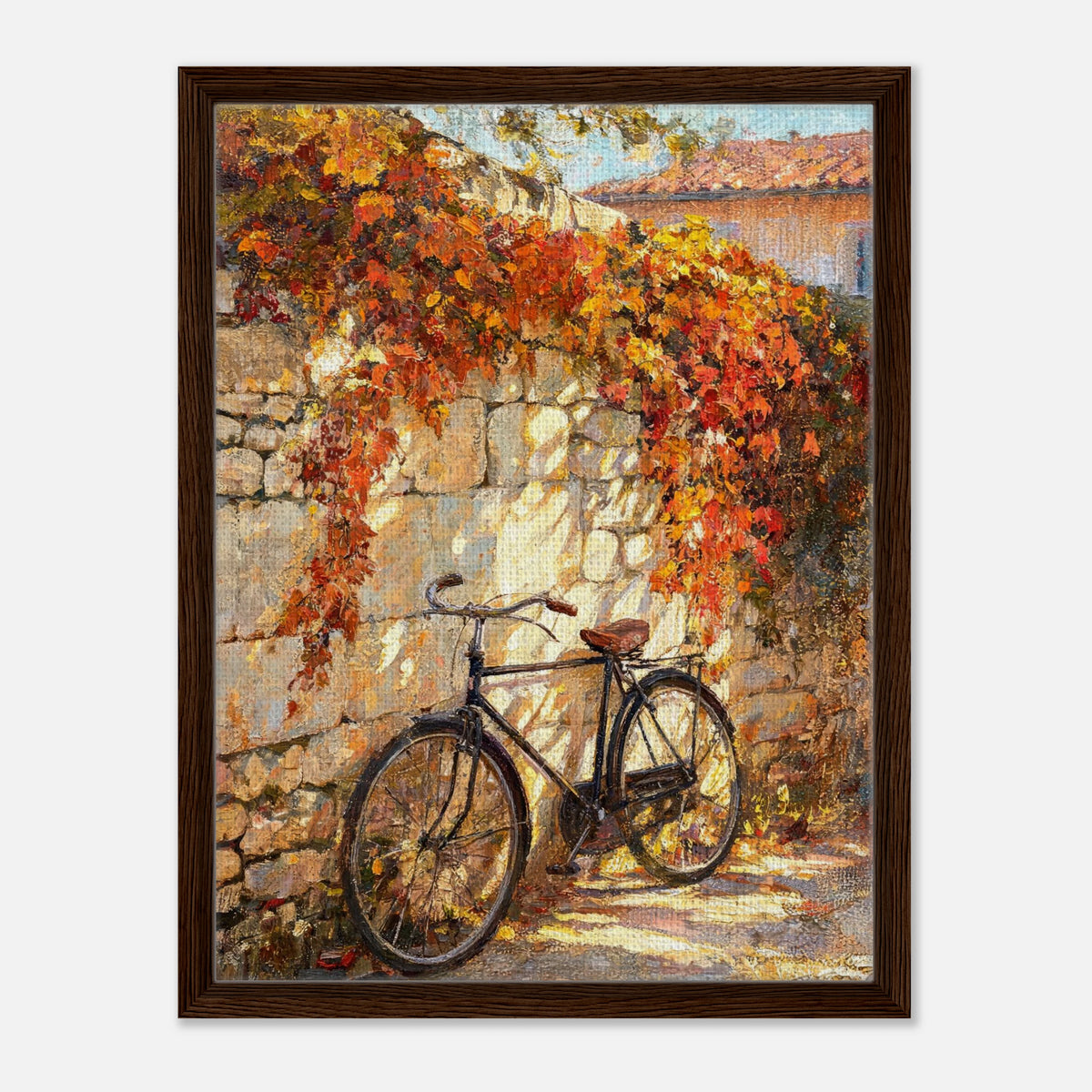 Autumn Vintage Bicycle Stone Wall Impressionist Art Print
