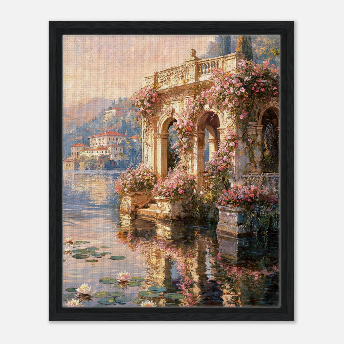 Sunlit Lakeside Villa & Roses Impressionist Art Print