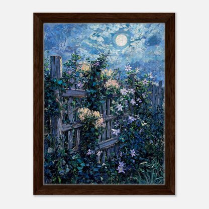 Moonlit Garden Fence Flowers Impressionist Art Print