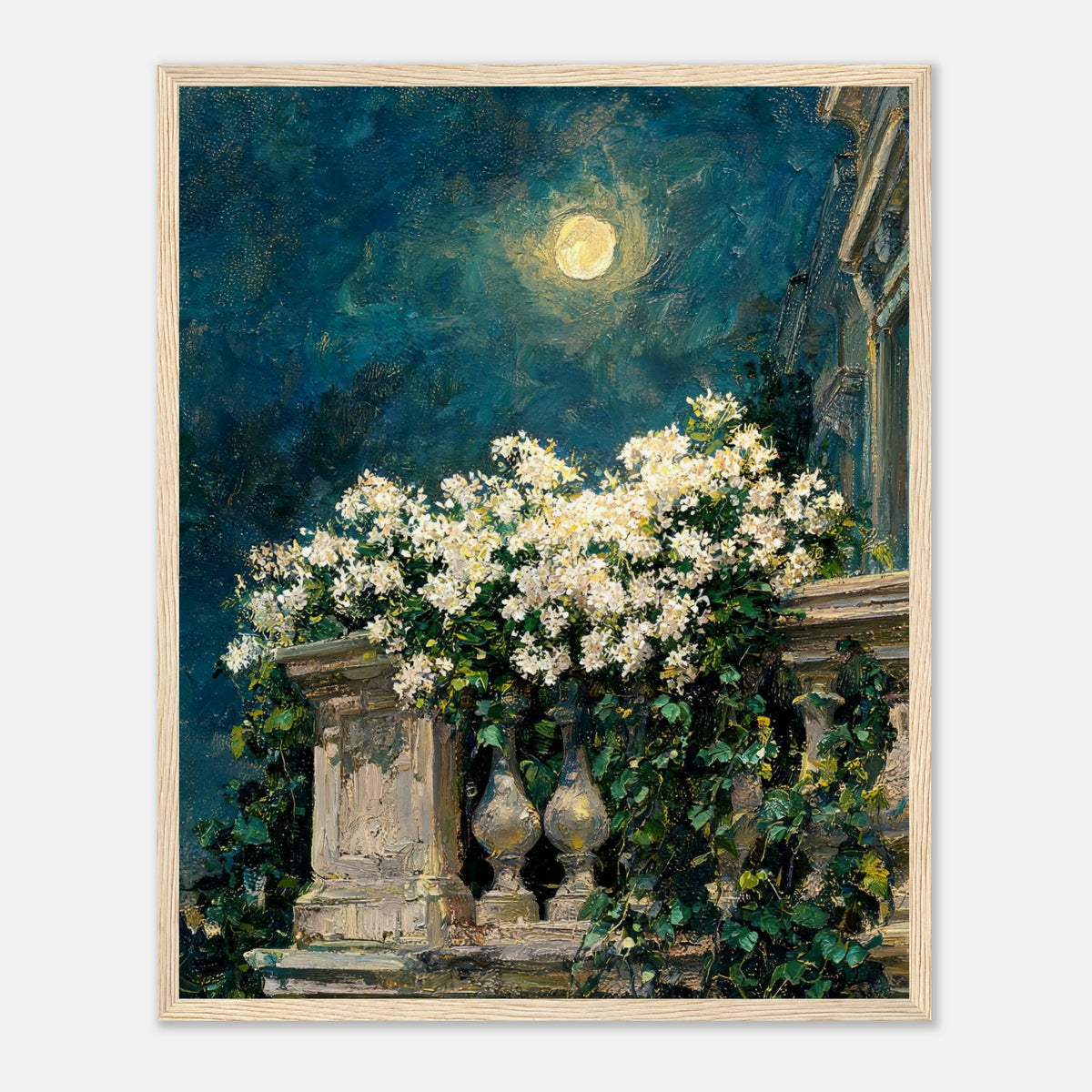 Moonlit White Blossoms Balcony Impressionist Art Print
