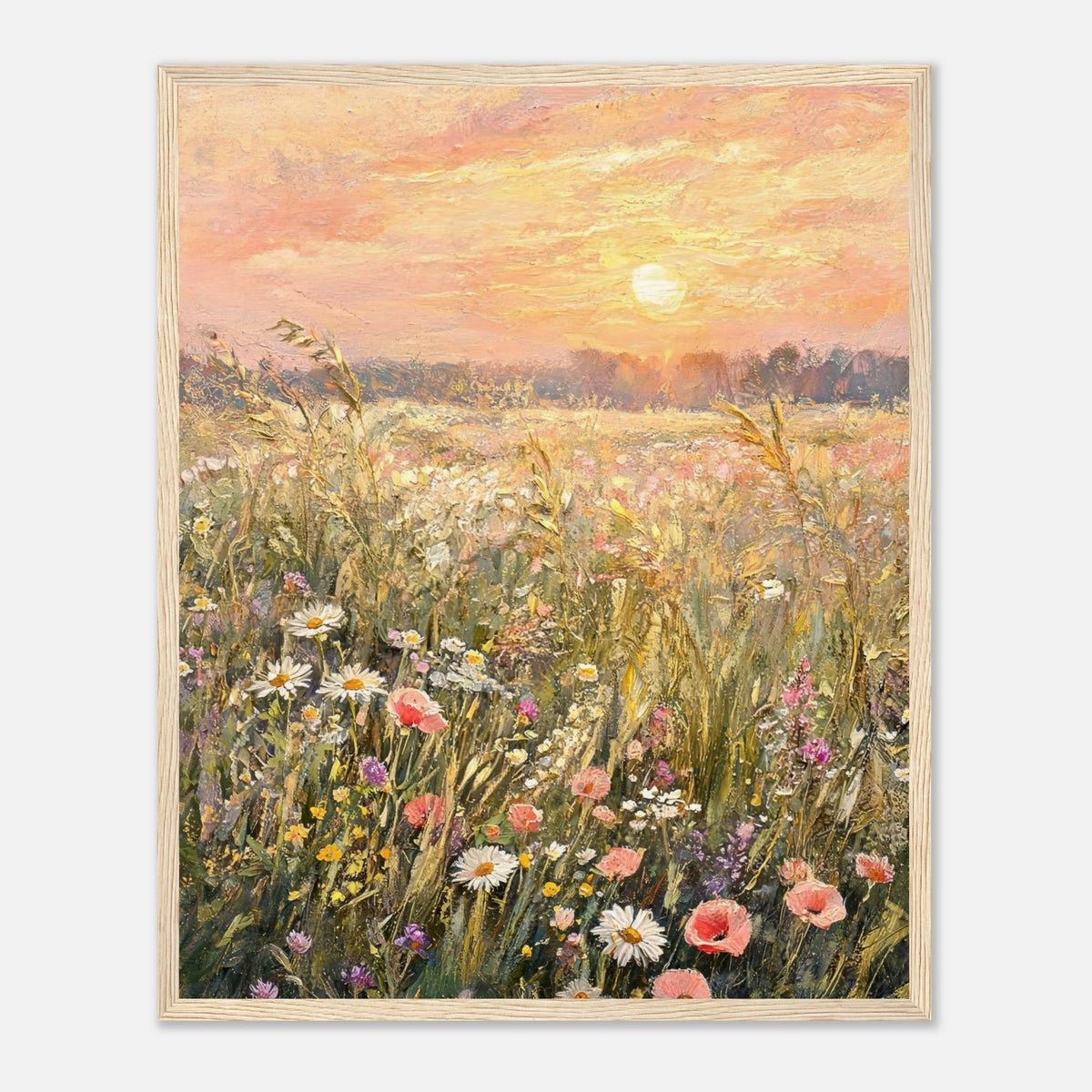 Golden Sunset Meadow & Wildflowers Impressionist Art Print