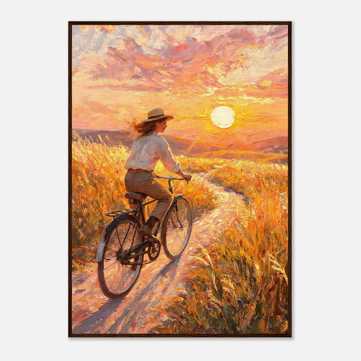 Cycling Through Golden Fields at Sunset Impressionist Art Print