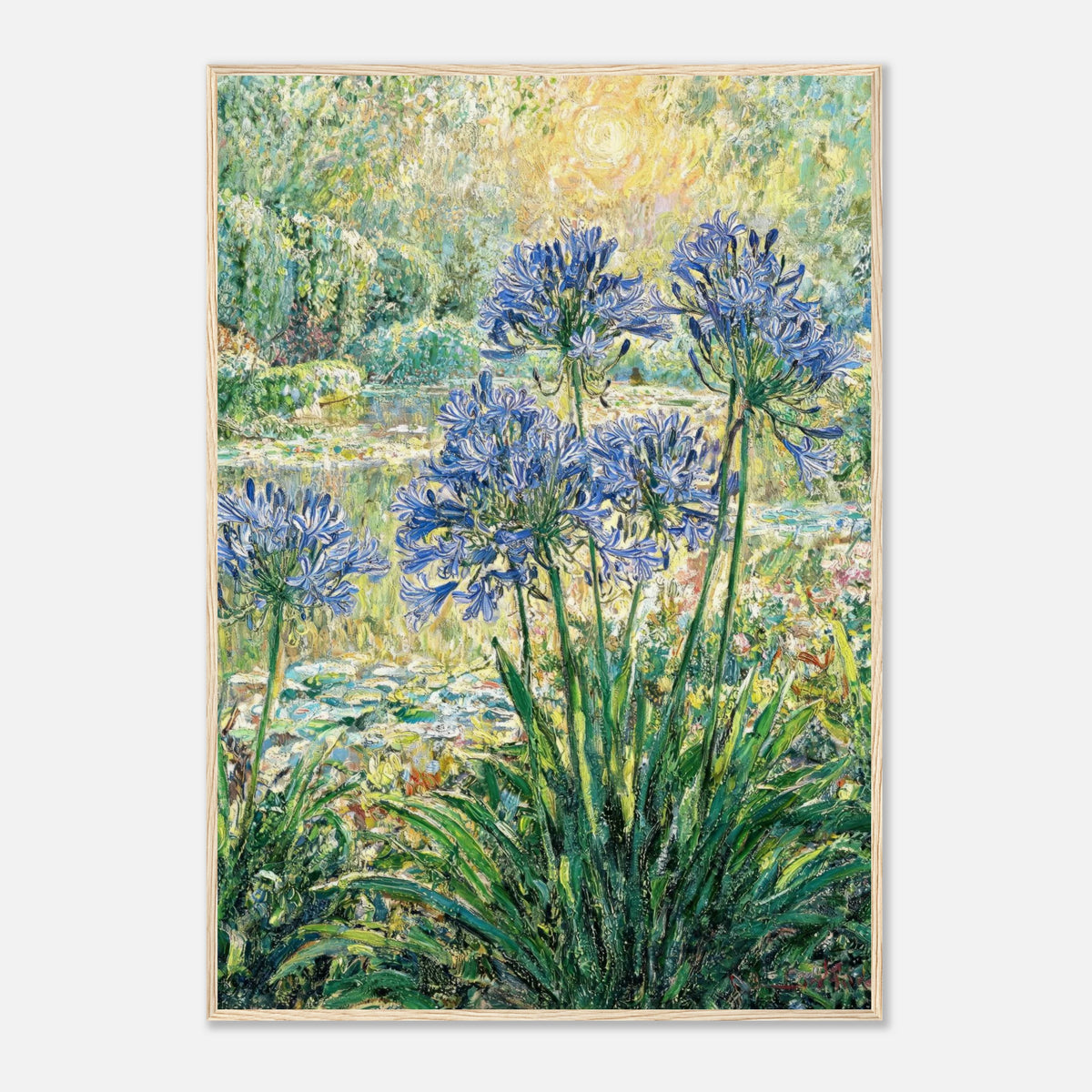 Blue Agapanthus & Sunlit Garden Impressionist Art Print
