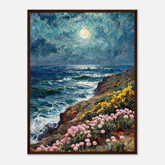 Moonlit Coastal Cliff Flowers Impressionist Art Print