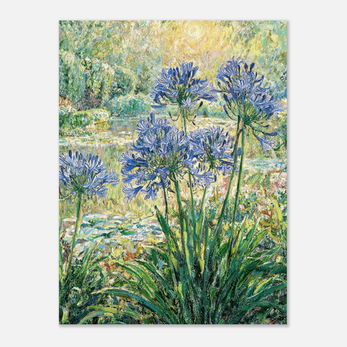 Blue Agapanthus & Sunlit Garden Impressionist Art Print
