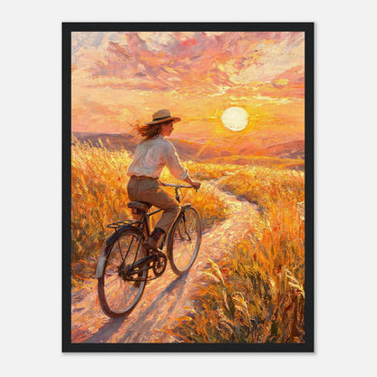 Cycling Through Golden Fields at Sunset Impressionist Art Print